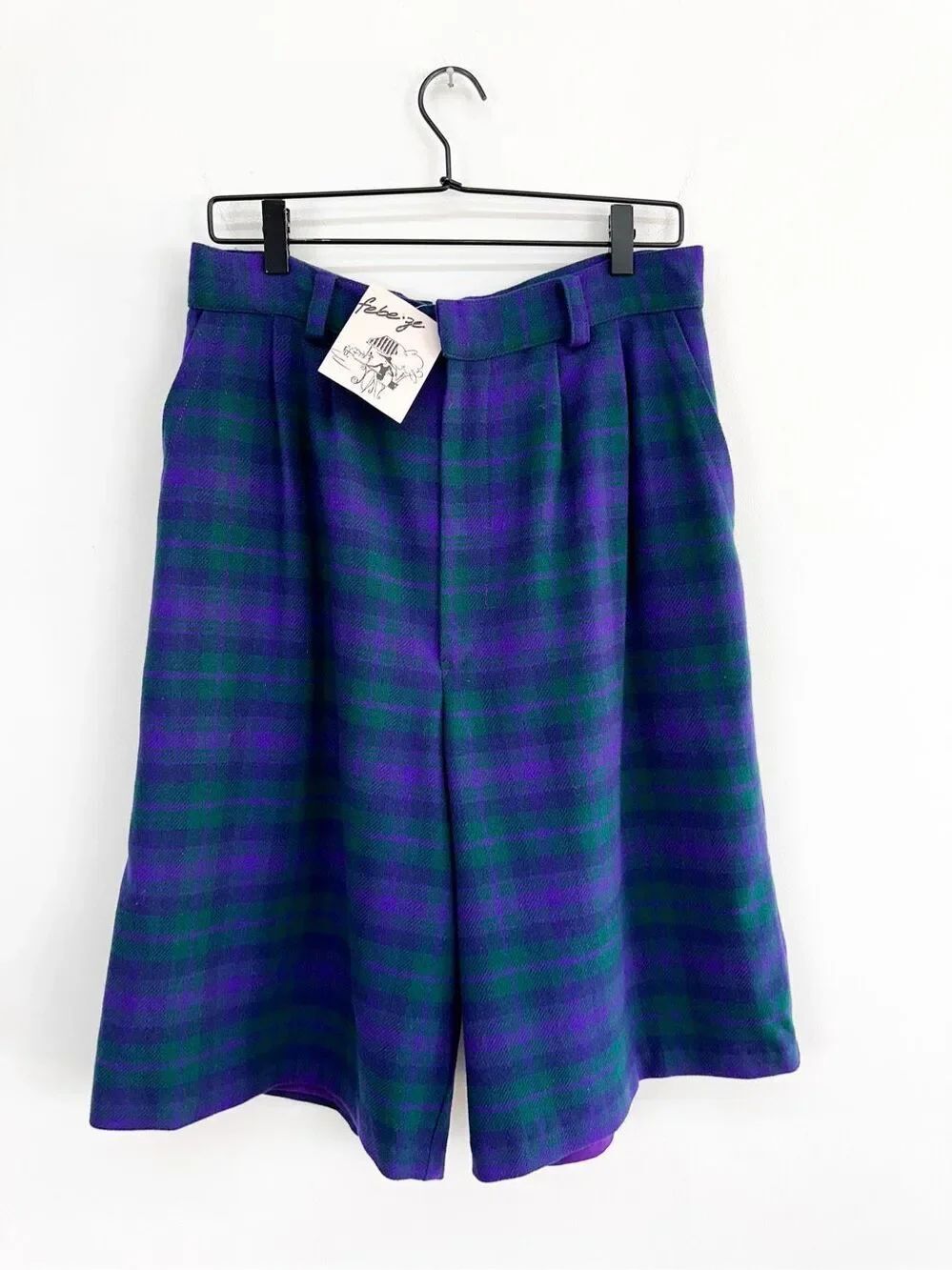 Febeze 80s Women’s Vintage Blue Purple Green Wool Tartan Bermuda Length High Wai